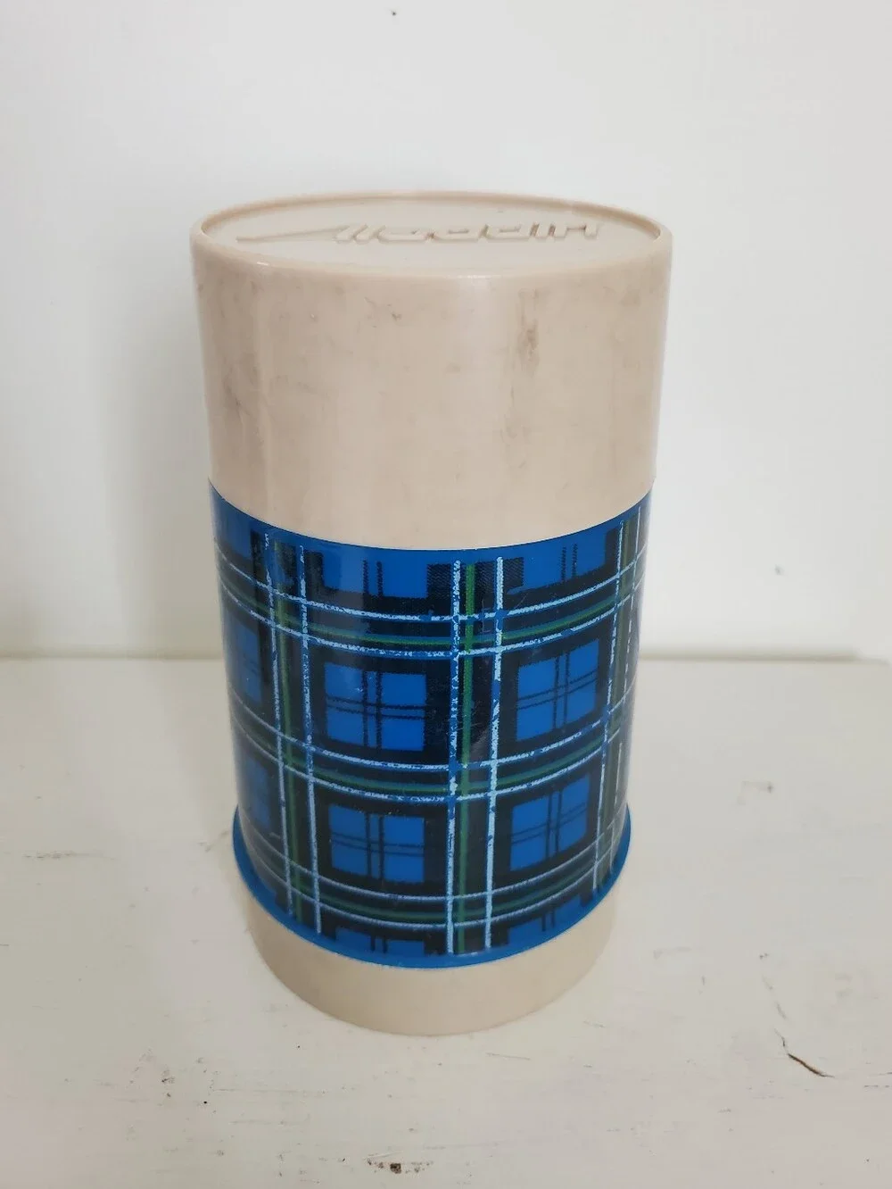Vintage Aladdin Blue Plaid Wide Mouth Plastic Thermos Pint Size With Bowl Lid